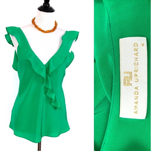 Amanda Uprichard Tops - Amanda Uprichard Silk Ruffle Front Spaghetti Strap Cami Top Kelly Green Medium